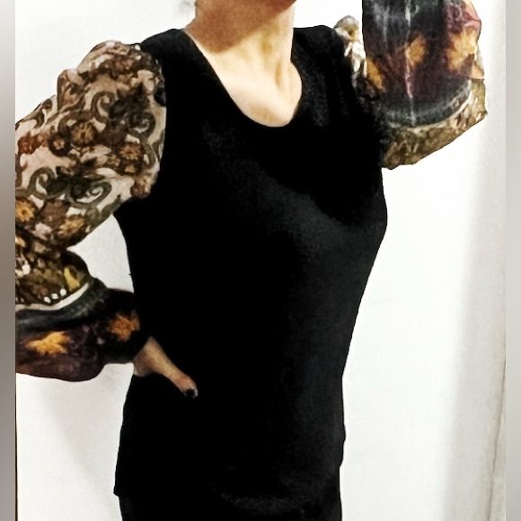 BIG SALE(5 for $20)- Black Blouse with Multicolor Floral Sleeves - Picture 3 of 4